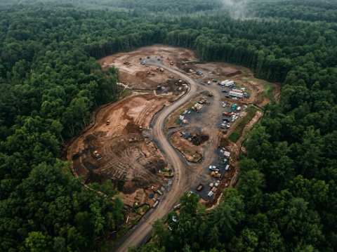 Aerial drone photo of a cleared construction site and access road